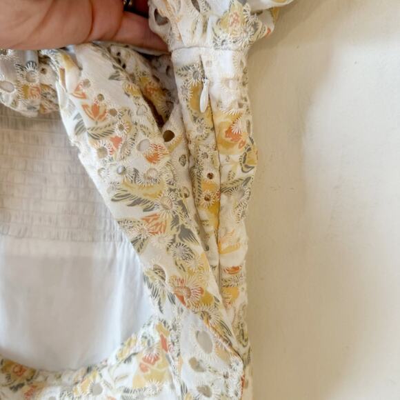 En Saison Yellow Floral Eyelet Tie Front Cut Out Puff Sleeve Smocked Dress S - Picture 9 of 13
